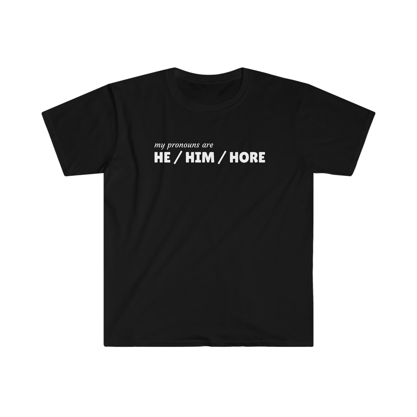 Rewd Tees He Him Hore Pronouns Gay Pride Unisex Softstyle funny T-Shirt